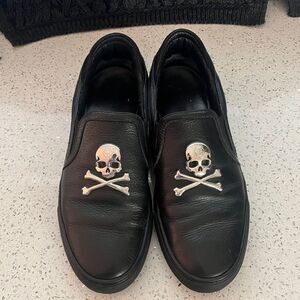 Philipp Plein Leather Skull Slip Ons with Logo